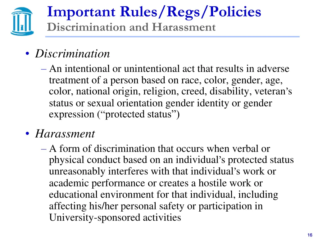 important rules regs policies discrimination
