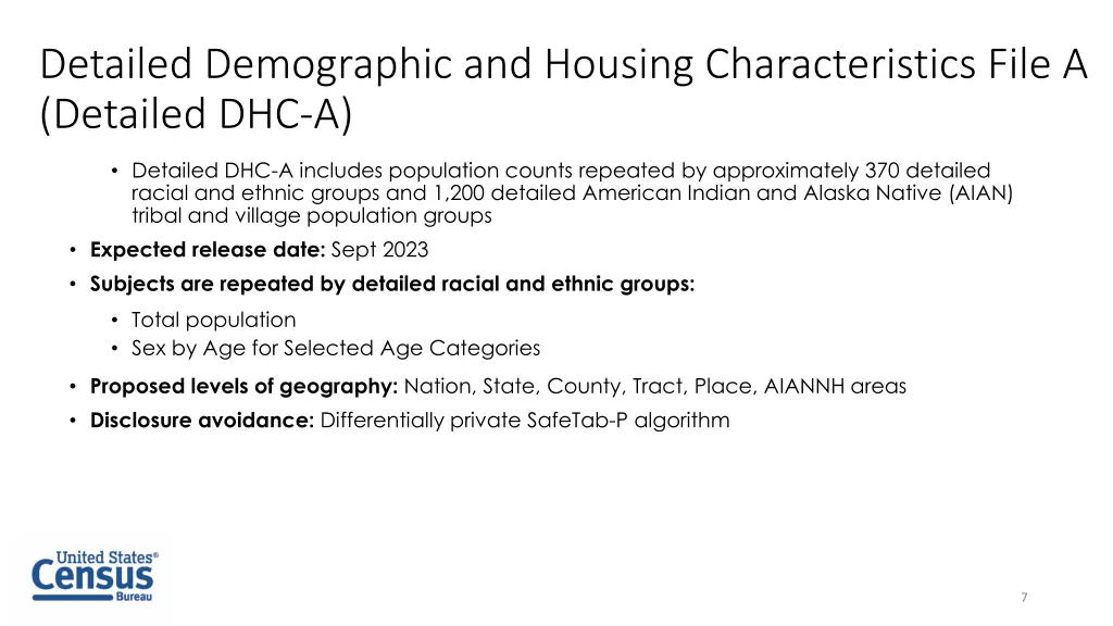 detailed demographic and housing characteristics