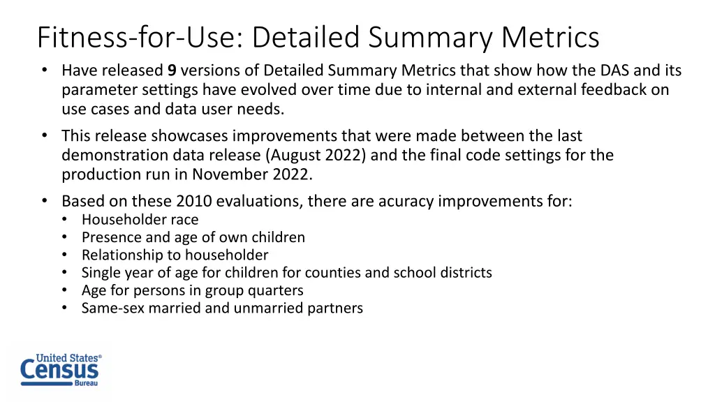 fitness for use detailed summary metrics have