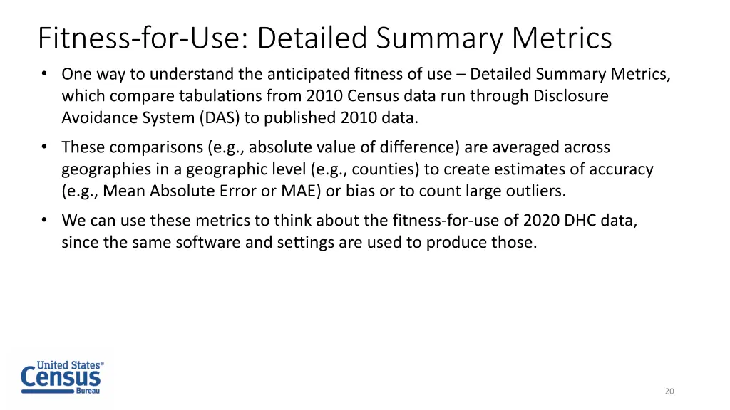 fitness for use detailed summary metrics