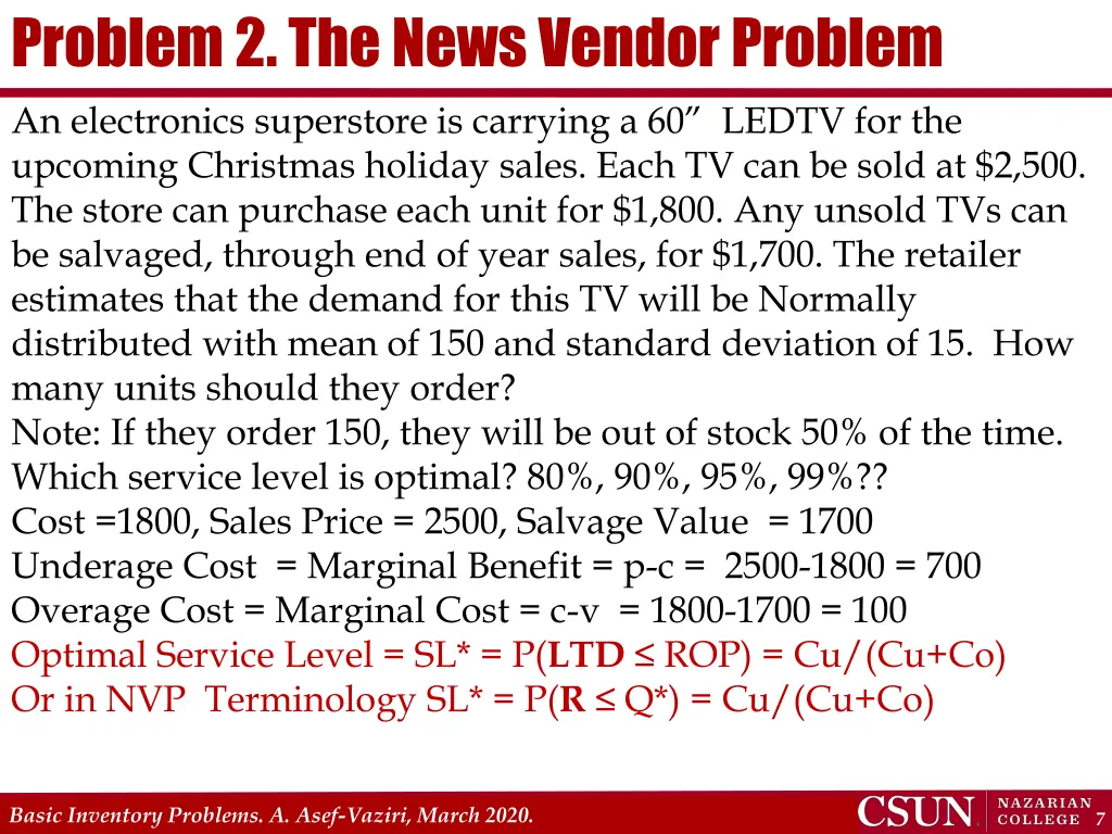 problem 2 the news vendor problem