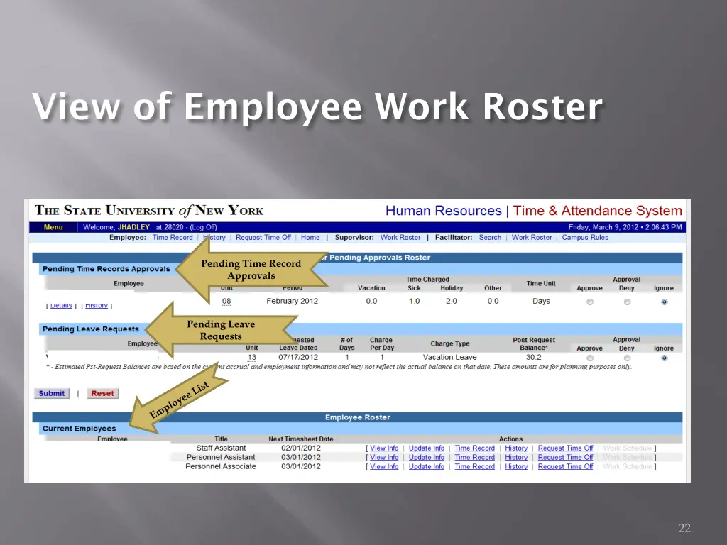 view of employee work roster