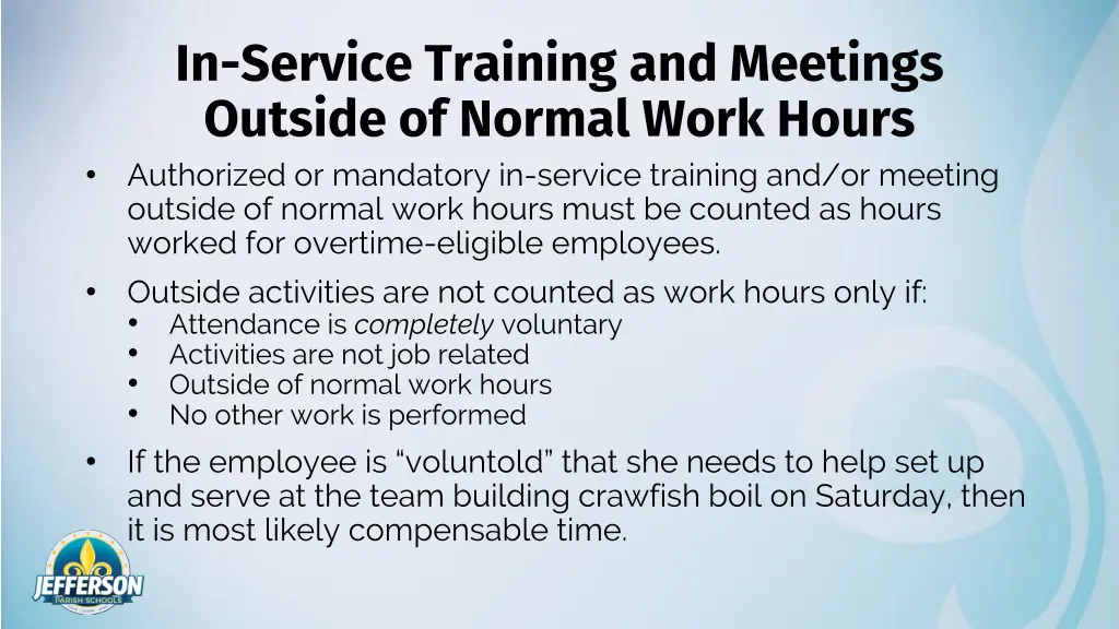 in service training and meetings outside
