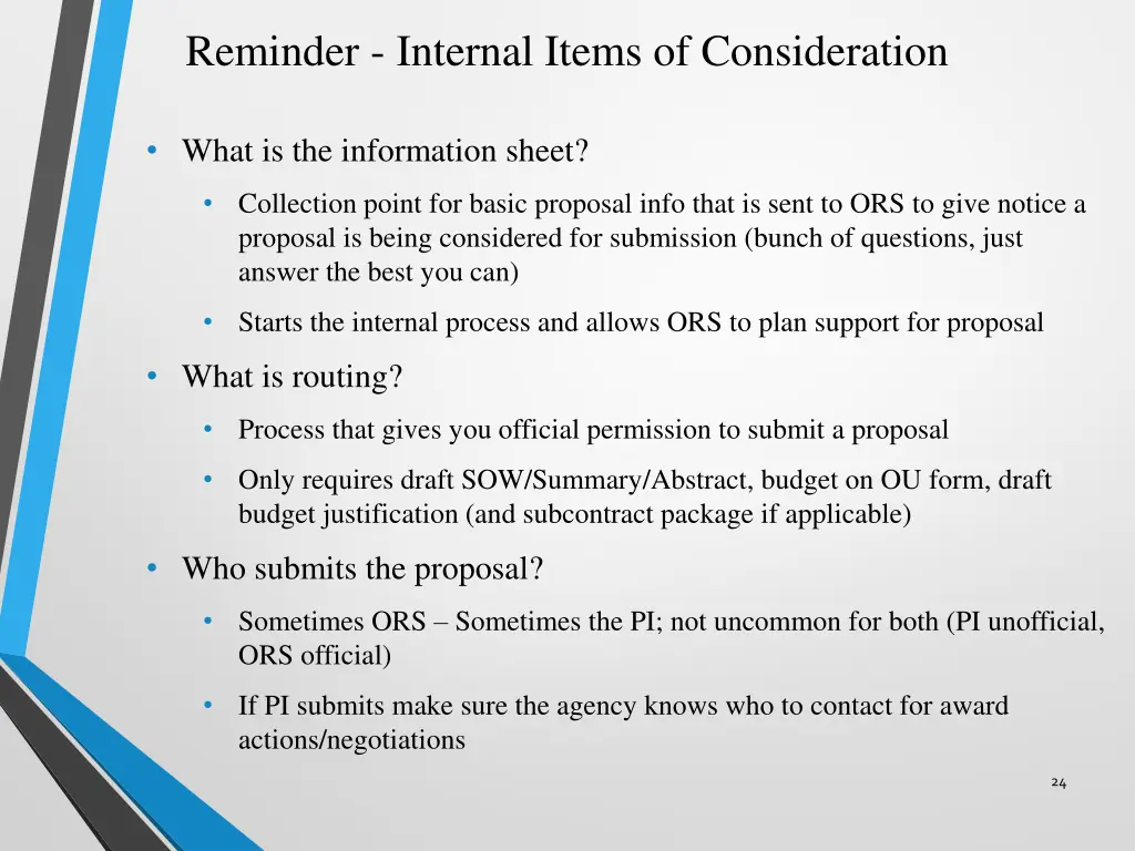 reminder internal items of consideration