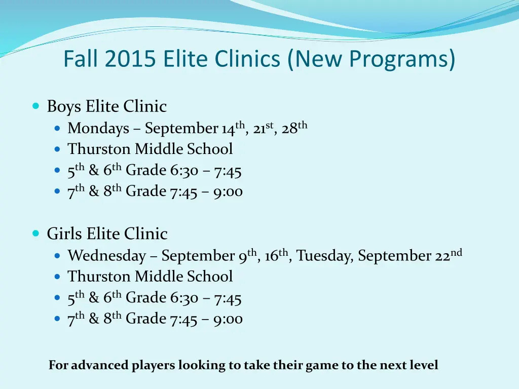 fall 2015 elite clinics new programs