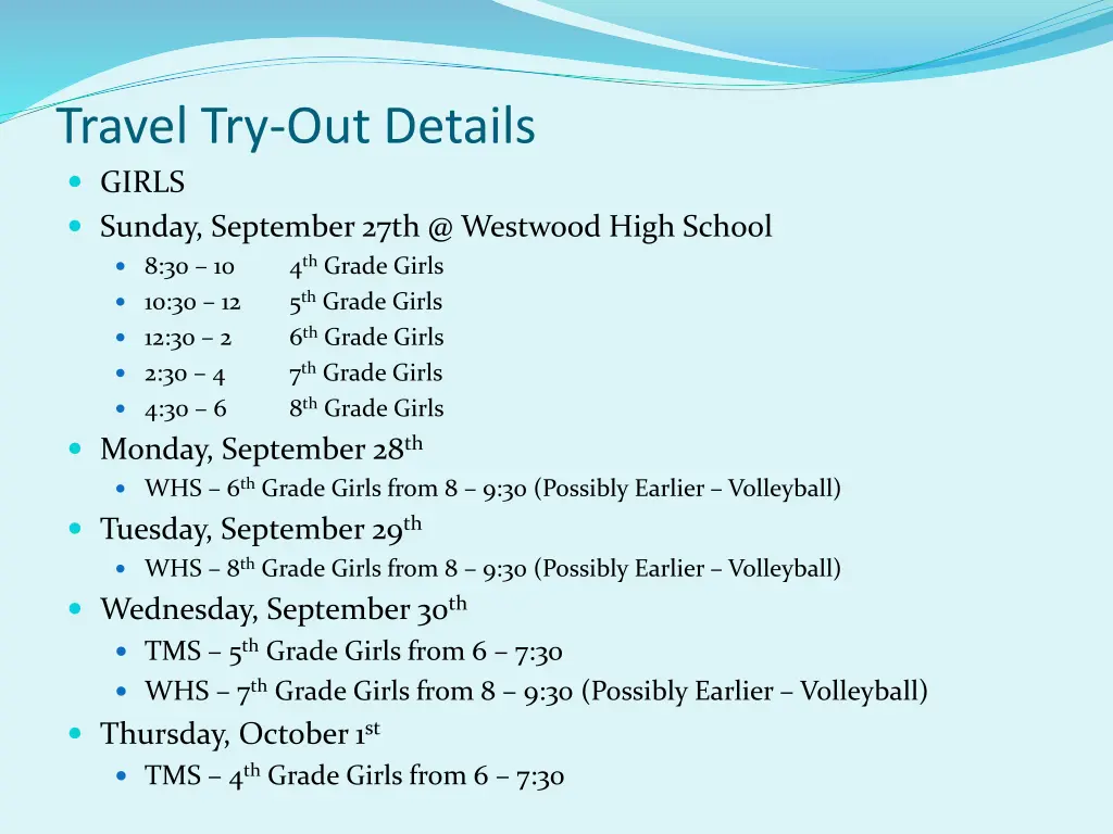travel try out details girls sunday september