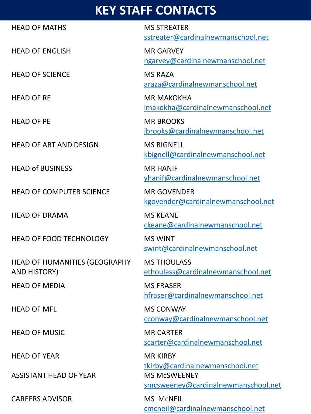 key staff contacts