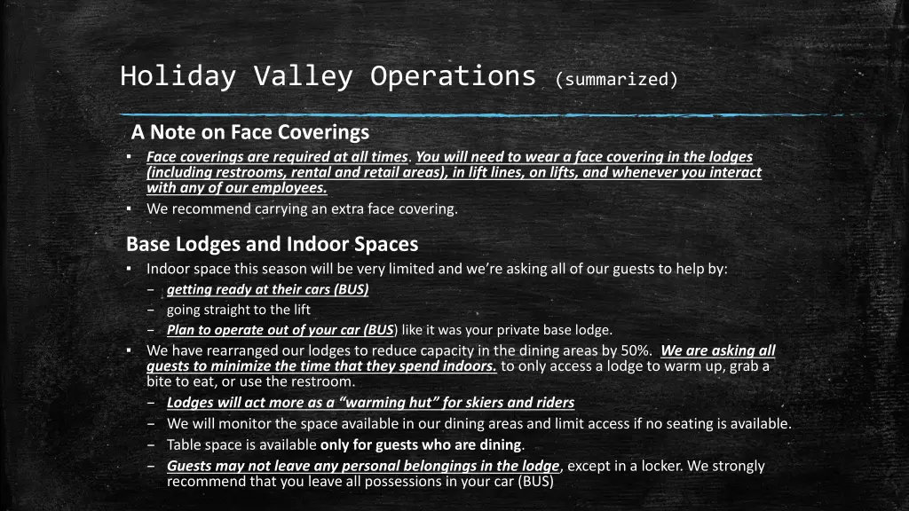 holiday valley operations summarized