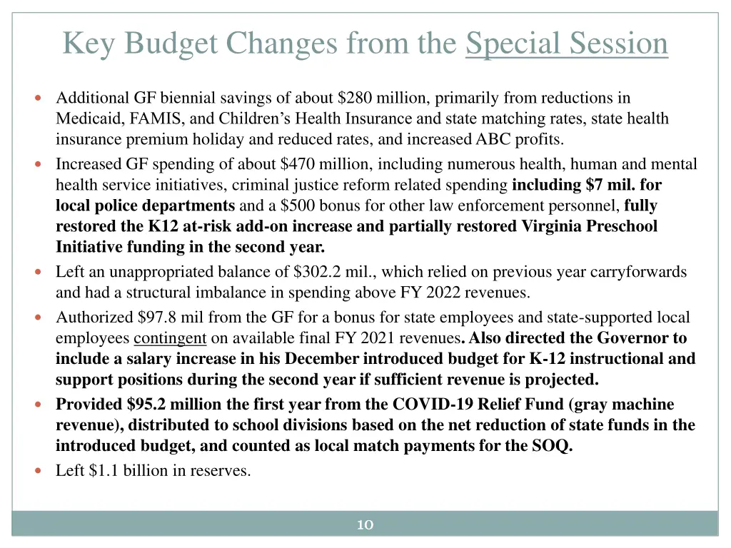 key budget changes from the special session