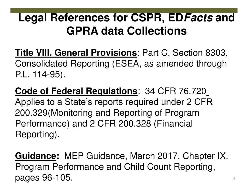 legal references for cspr ed facts and gpra data