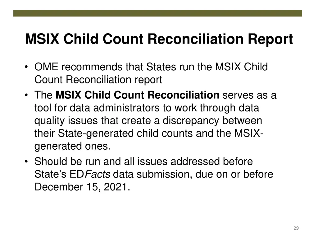msix child count reconciliation report