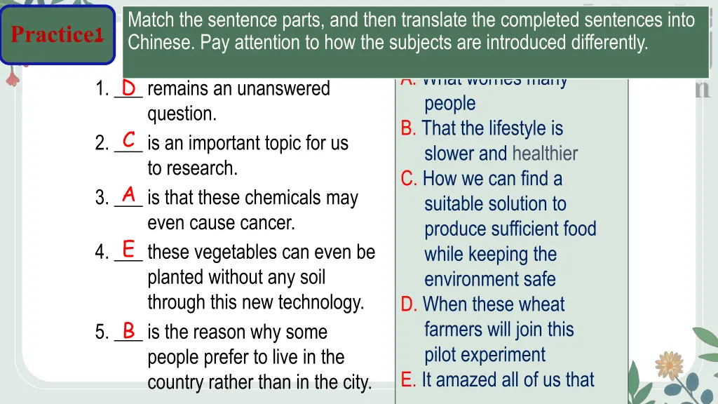 match the sentence parts and then translate