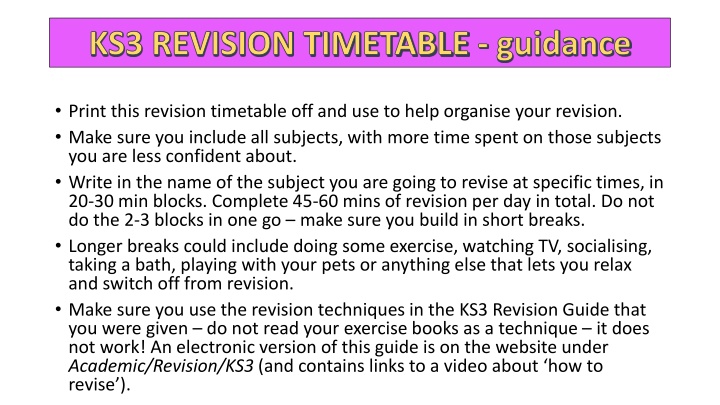 ks3 revision timetable guidance