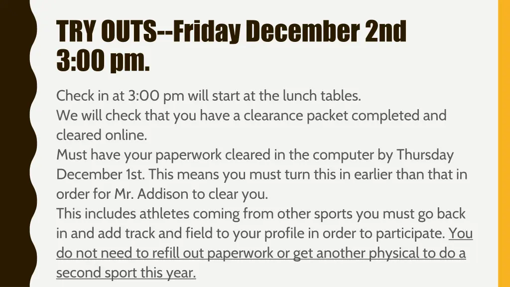 try outs friday december 2nd 3 00 pm