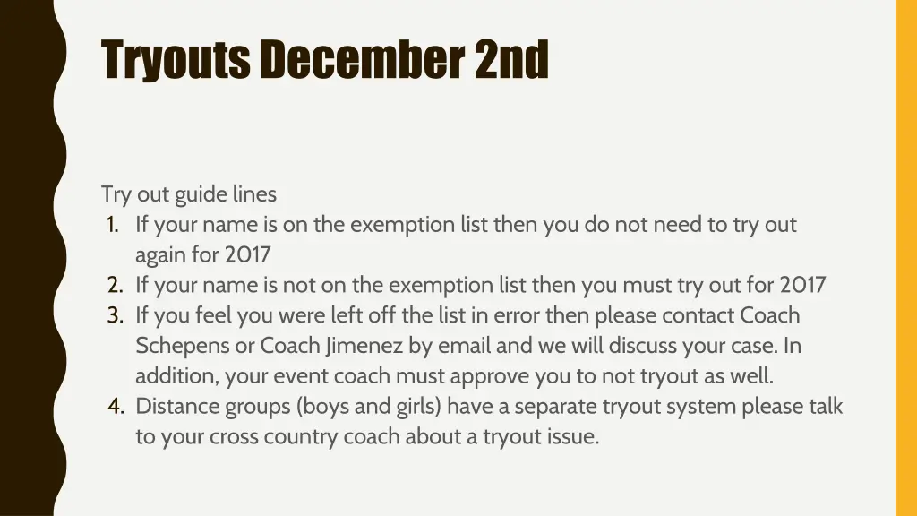 tryouts december 2nd