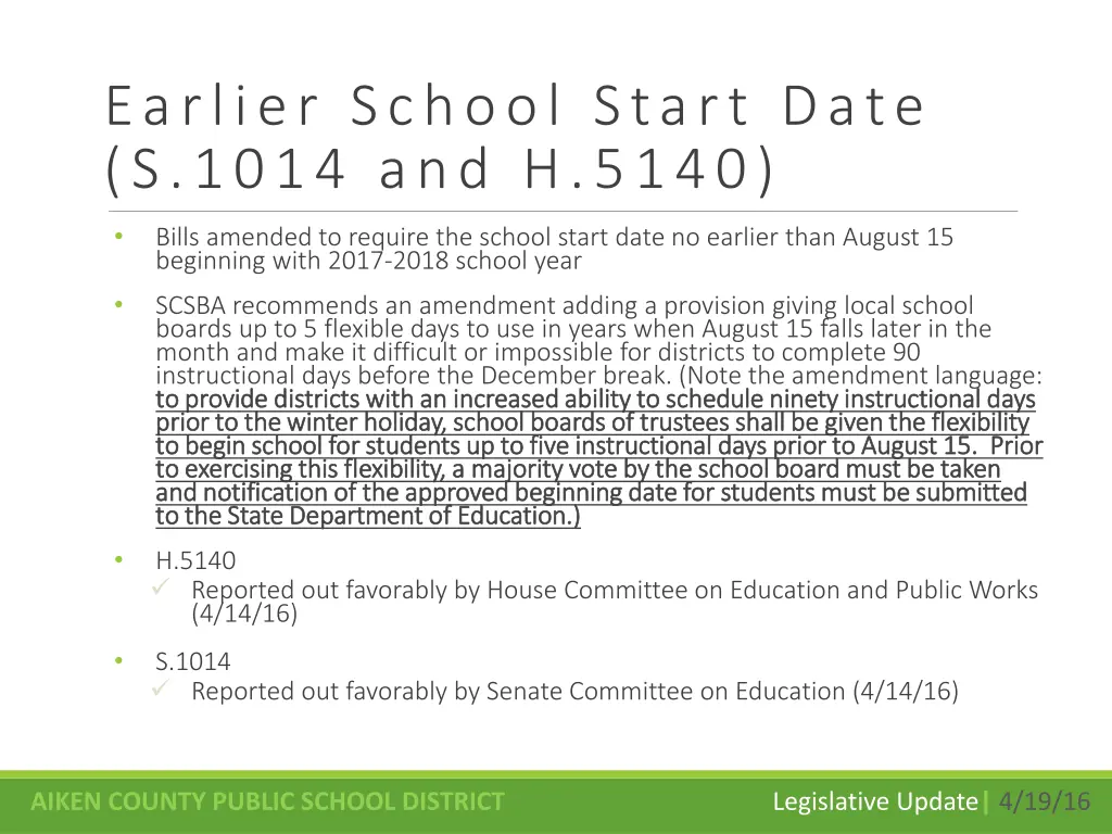 earlier school start date s 1014 and h 5140