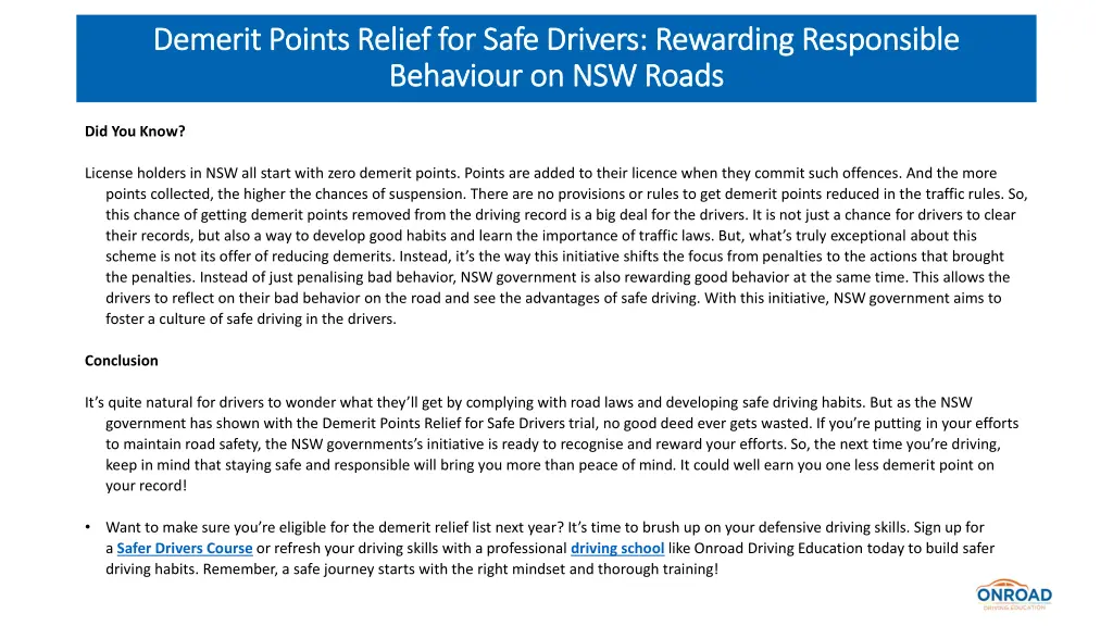 demerit points relief for safe drivers rewarding 3