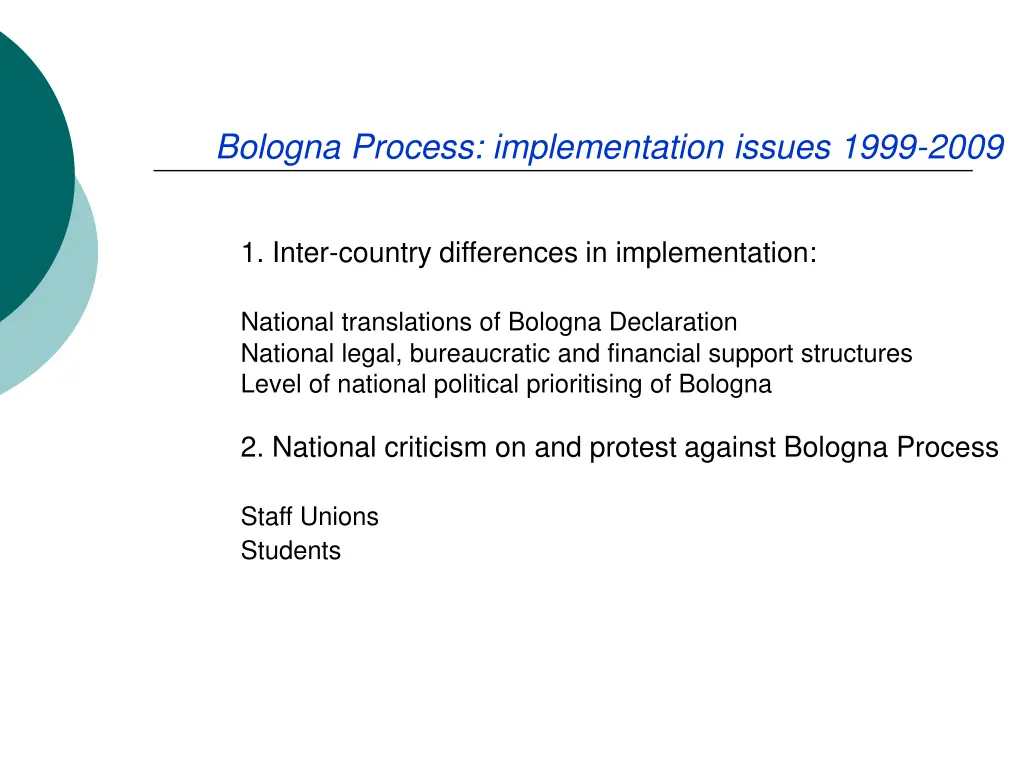 bologna process implementation issues 1999 2009