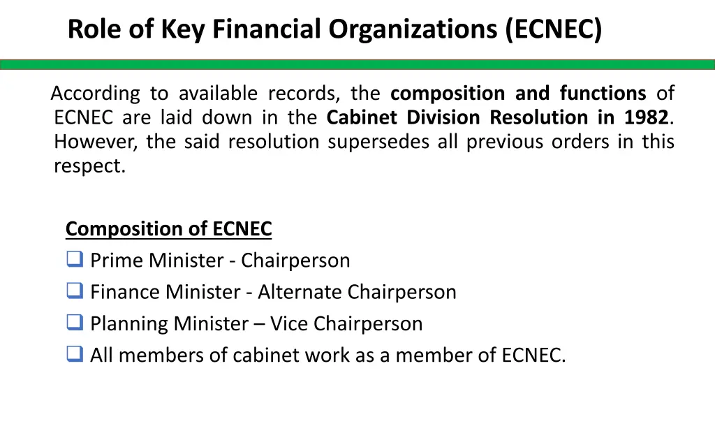 role of key financial organizations ecnec