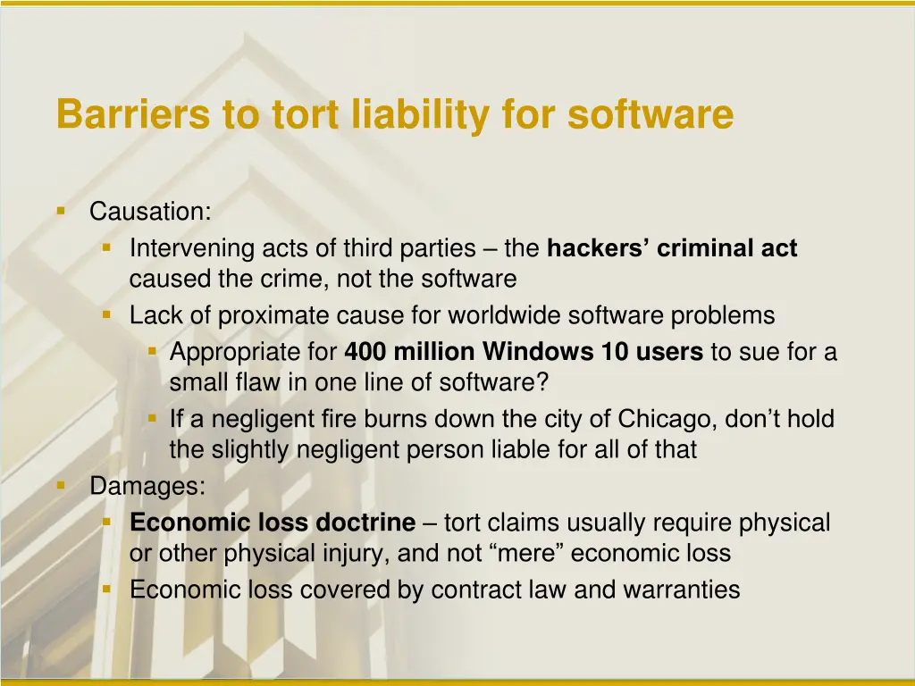 barriers to tort liability for software