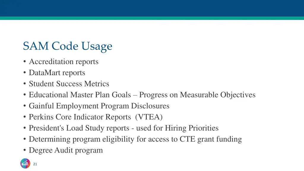 sam code usage accreditation reports datamart