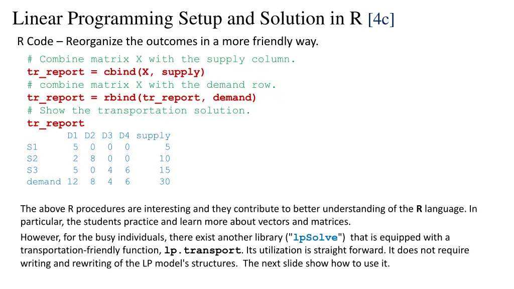 linear programming setup and solution in r 4c