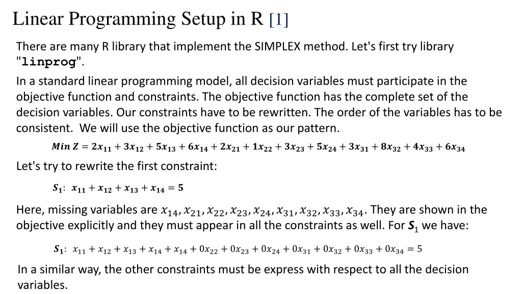 linear programming setup in r 1
