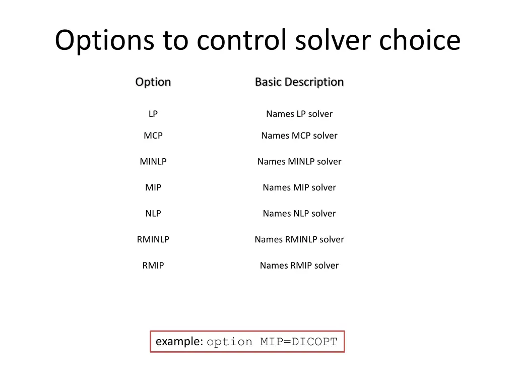 options to control solver choice