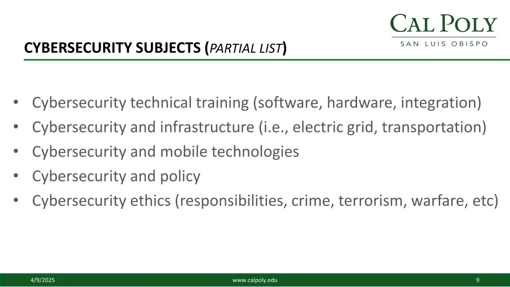 cybersecurity subjects partial list