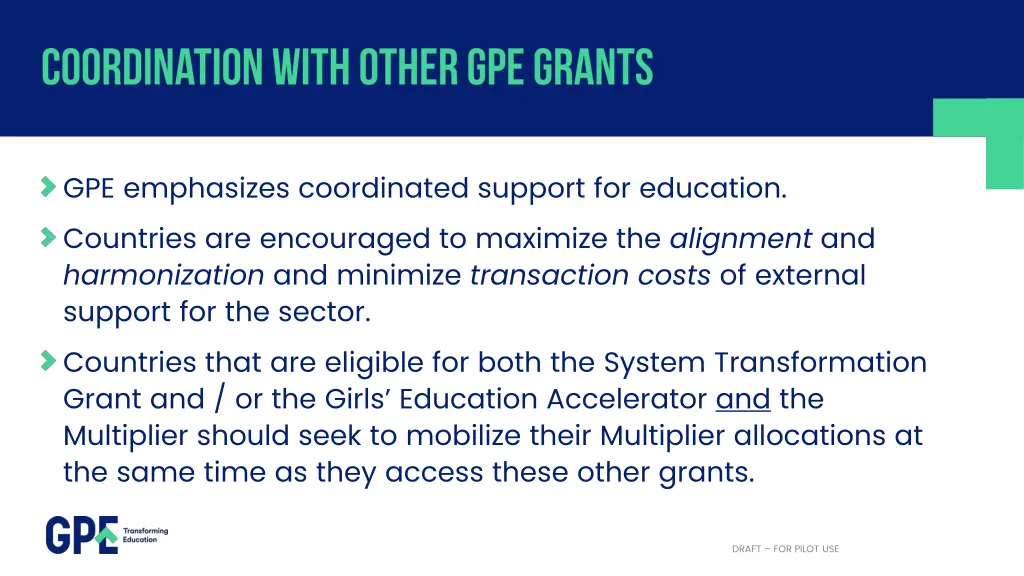 gpe emphasizes coordinated support for education