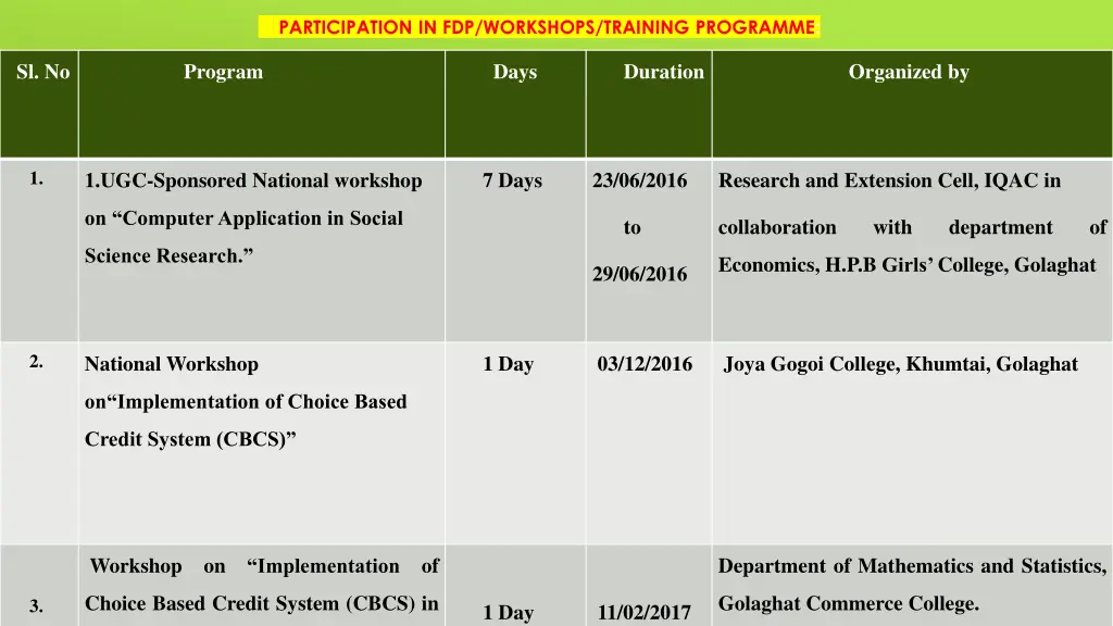 participation in fdp workshops training programme