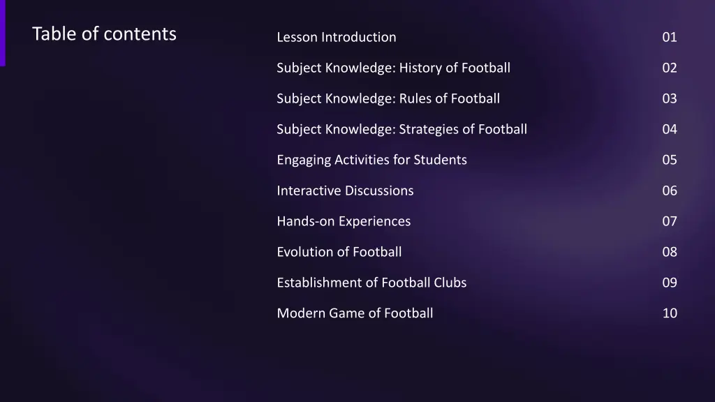 table of contents