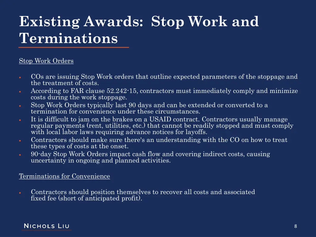 existing awards stop work and terminations