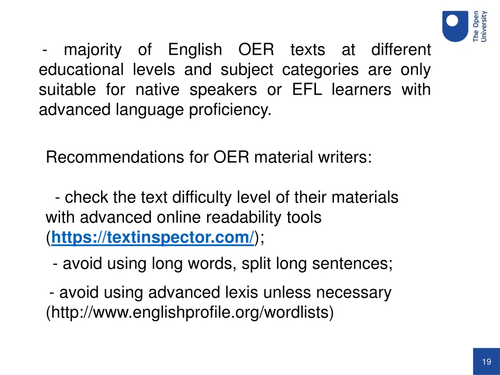 majority of english oer texts at different