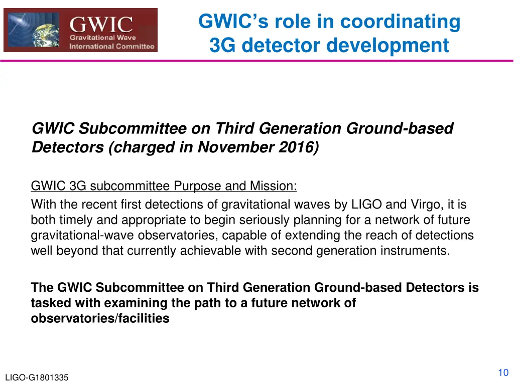 gwic s role in coordinating 3g detector