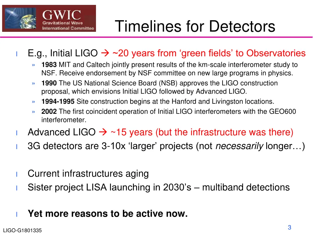 timelines for detectors
