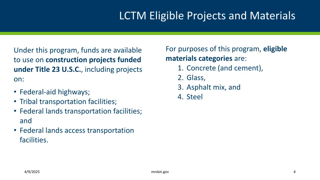 lctm eligible projects and materials