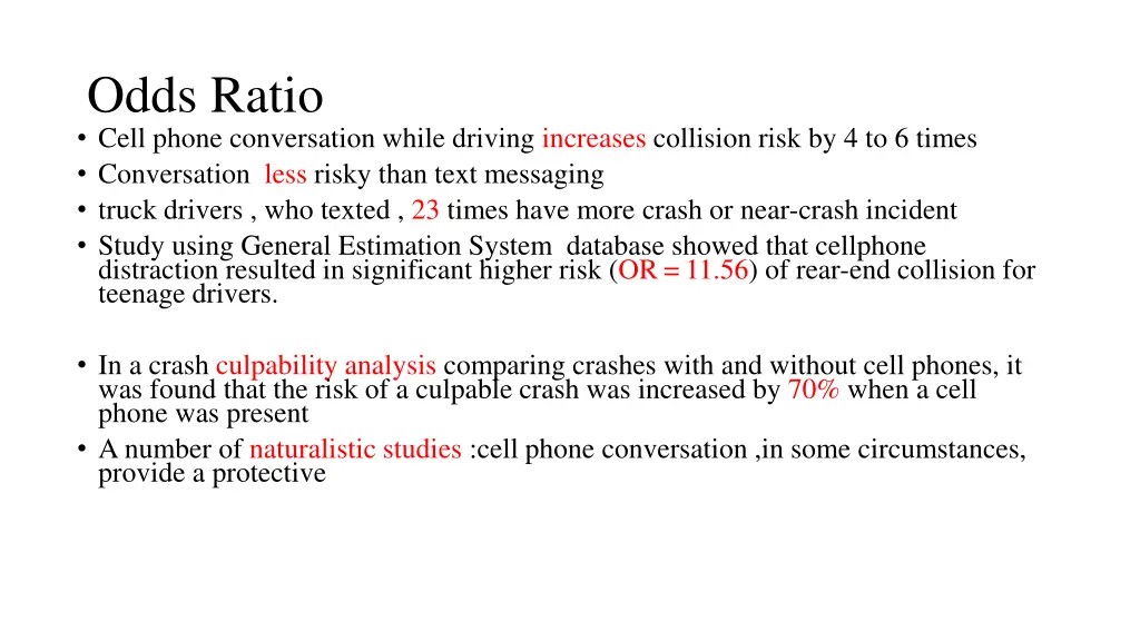odds ratio cell phone conversation while driving