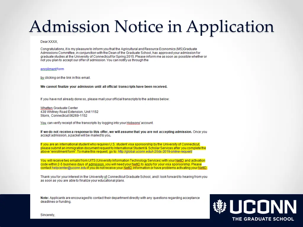 admission notice in application