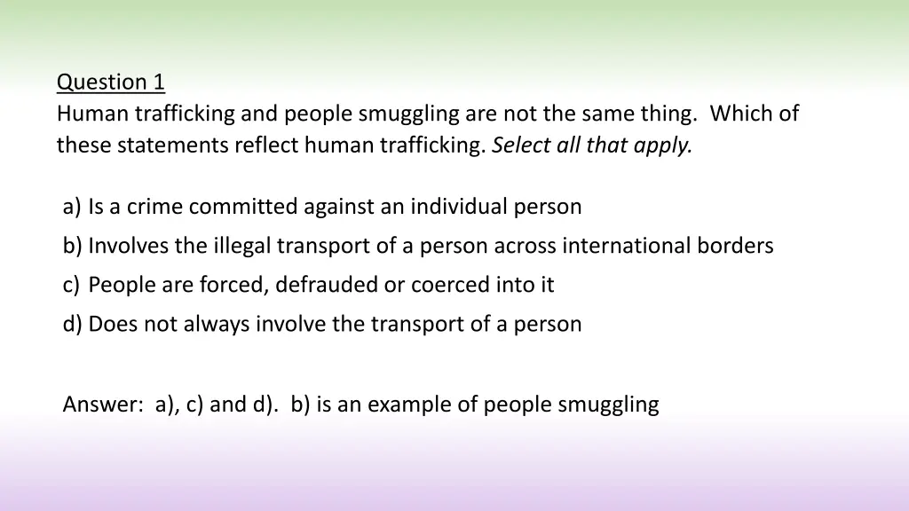 question 1 human trafficking and people smuggling