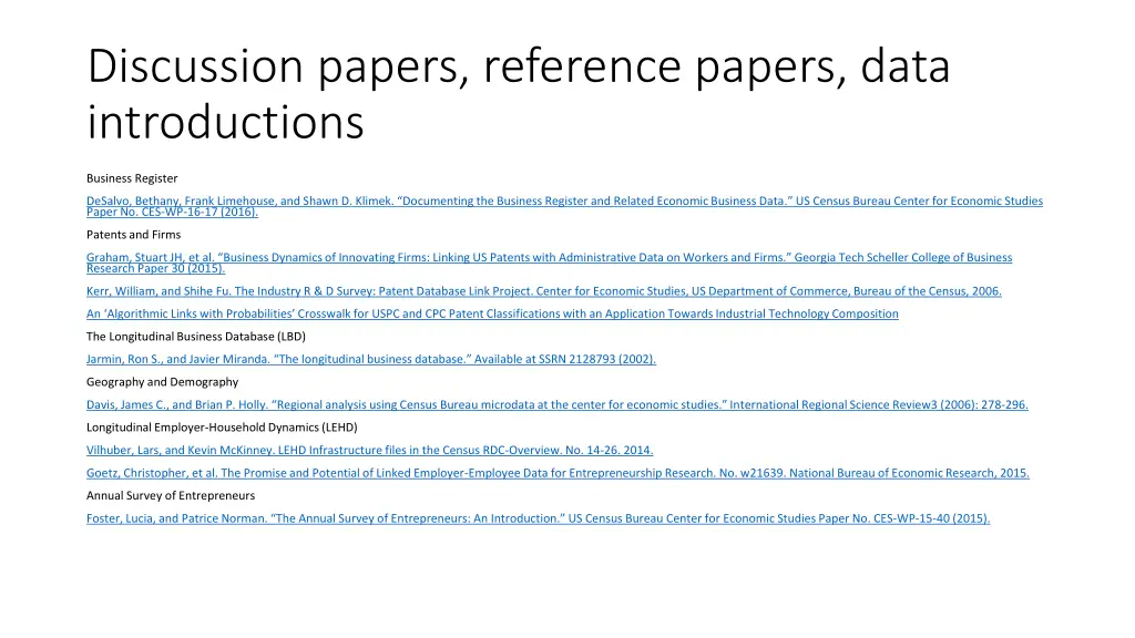 discussion papers reference papers data