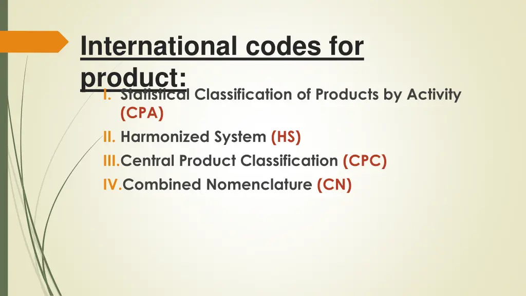 international codes for product i statistical
