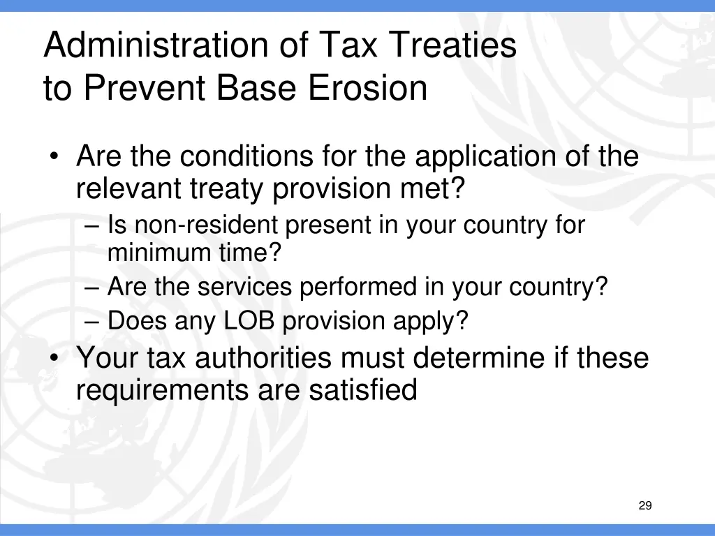 administration of tax treaties to prevent base 7