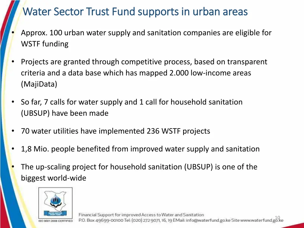 water sector trust fund supports in urban areas