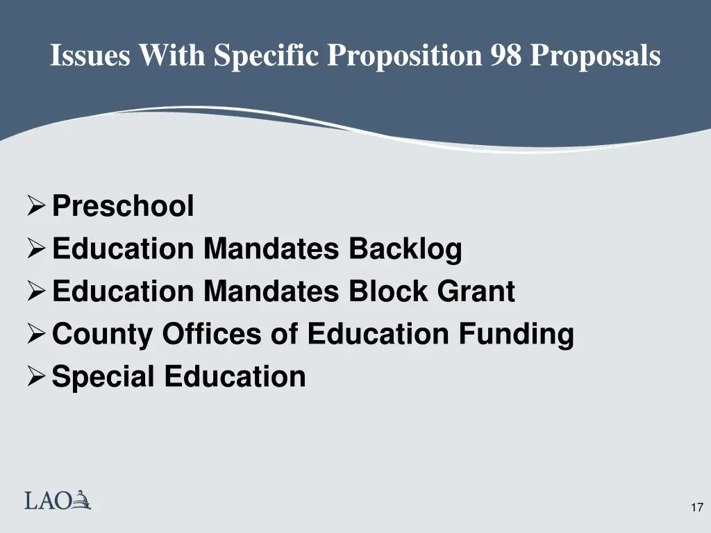 issues with specific proposition 98 proposals