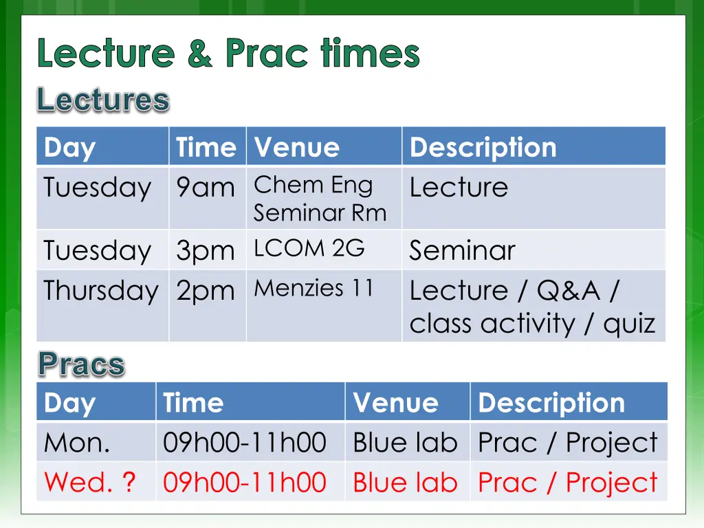 lecture prac times