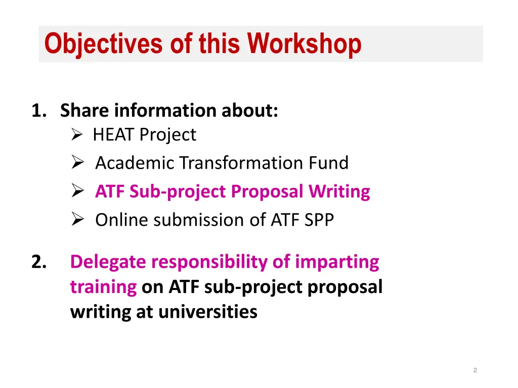objectives of this workshop