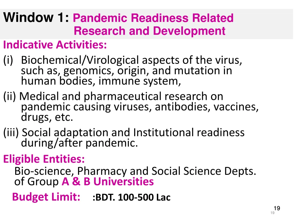 window 1 pandemic readiness related research