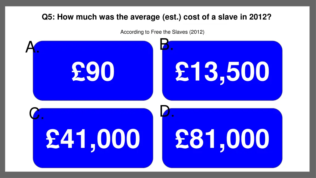 q5 how much was the average est cost of a slave