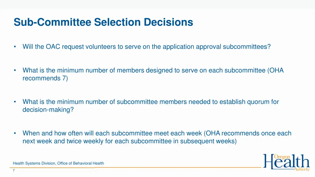 sub committee selection decisions